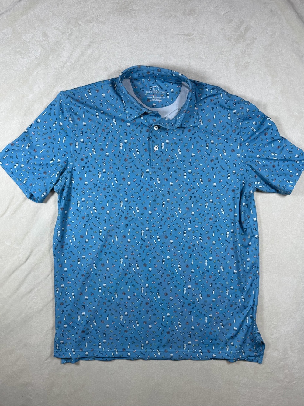 Southern Tide Large All Over Print Mint Julep Blue Performance Gold Polo Shir